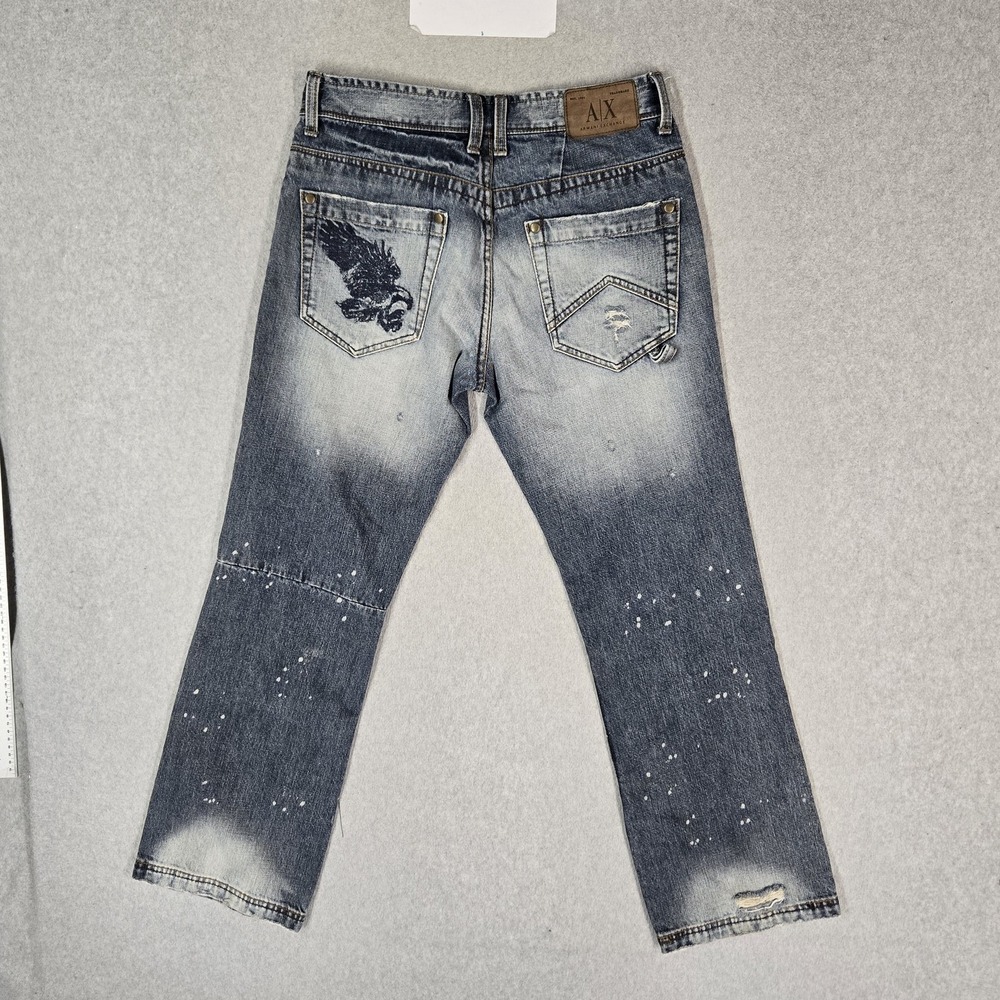 Armani Exchange Men Jeans 28 SHORT Blue Denim Eagle Embroidered Distressed